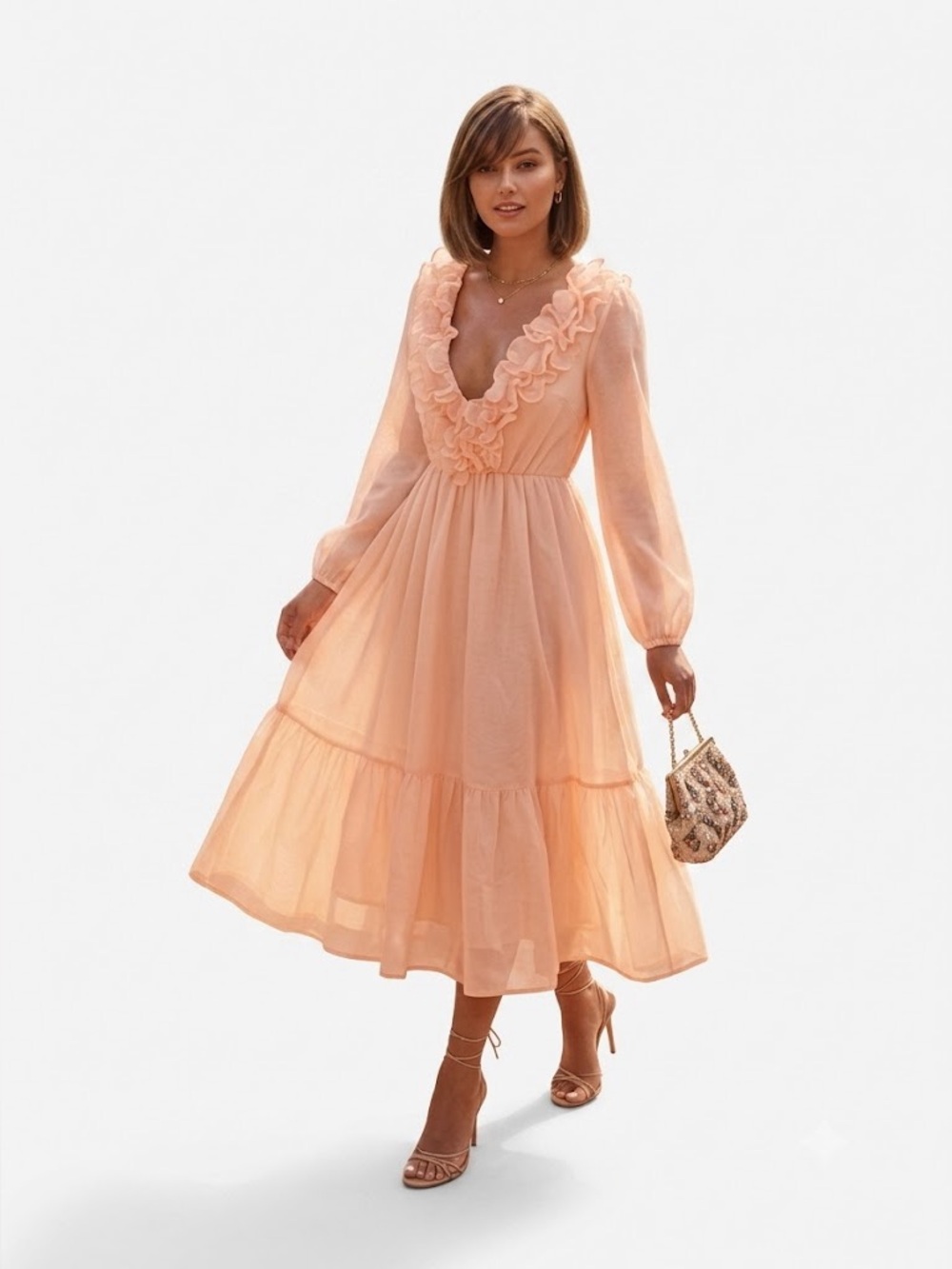 Rosevelvet - NWT Floral Ruffle Cutout Tie-Back Maxi Dress - Peachy Pink